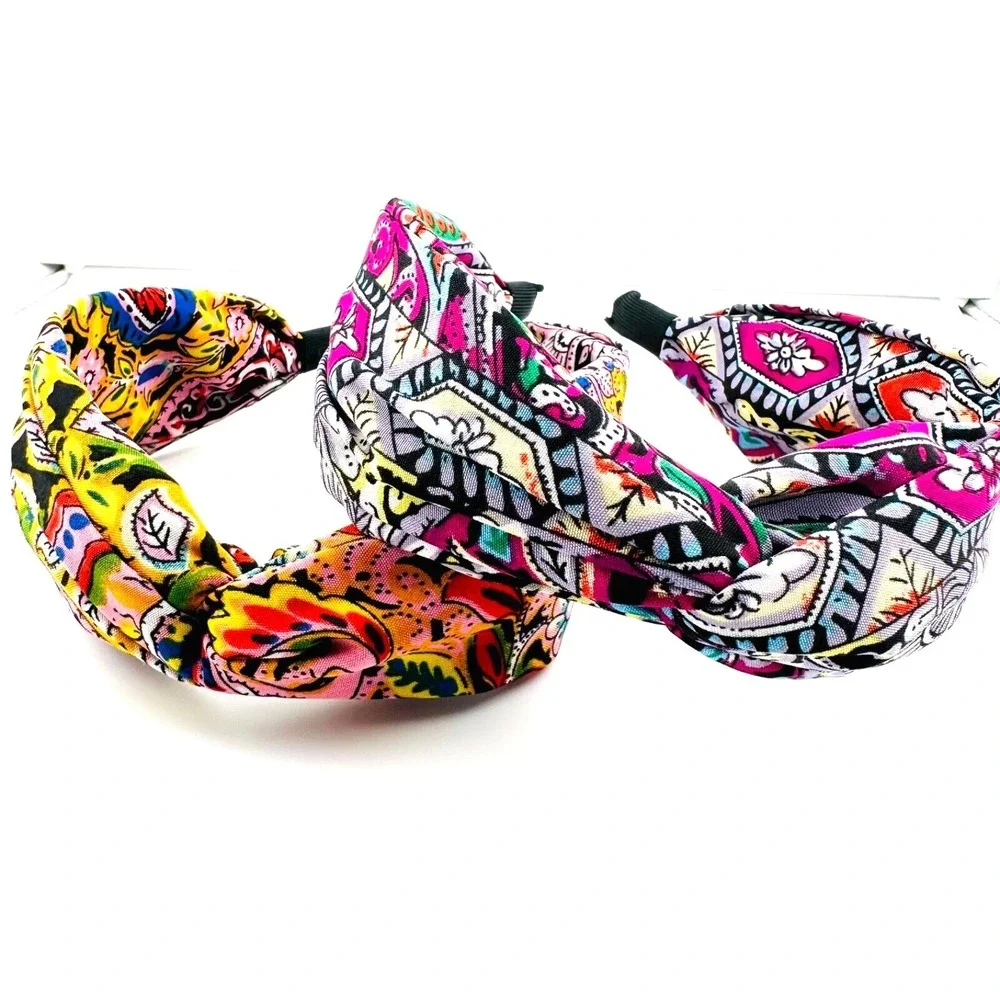 Pair of 2 Colorful Bohemian Bandana Top Knot Headbands Cotton Blend 2.5